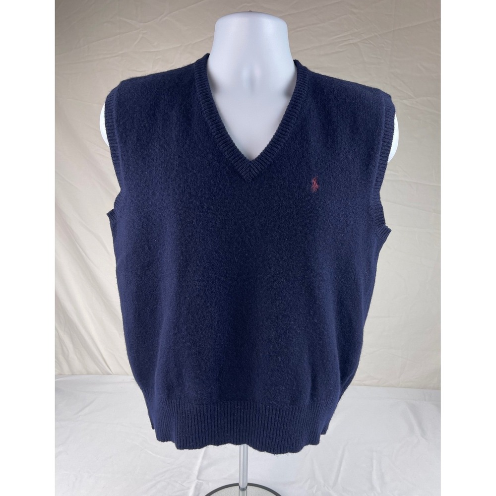 Polo Ralph Lauren Mens XL Navy Blue 100% Lambswool V-Neck Sweater Vest Red Pony